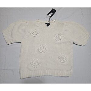 Greige NWT Womens Cream Knit Crochet Sweater Shirt Short Sleeve Large Boho Soft